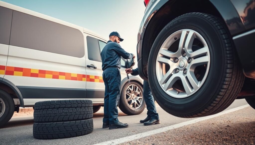 فريق بنشر متنقل يقوم بإصلاح إطار سيارة على الطريق